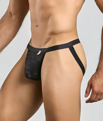 Black lace thong with solid black waistband and side straps from mob sexy mesh and lace jockstrap product line