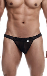 Black lace-trimmed sheer thong with small white logo tag from the mob sultry robe and thong set