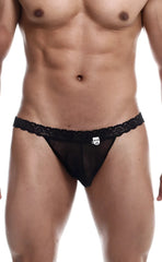 Black lace-trimmed sheer thong with small white logo tag from the mob sultry robe and thong set