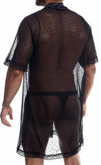Black sheer polka-dot mesh robe with lace trim from mob sultry robe and thong set shown from the back side