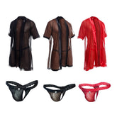 Three sheer short-sleeved robe style garments in black brown and red with lace trim and satin ribbon ties from mob sultry robe and thong set