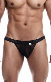 Black lace-trimmed sheer thong with small white logo tag from the mob sultry robe and thong set