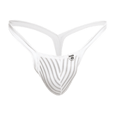 White striped mob y buns thong with sleek modern design and thin straps shown from the back side