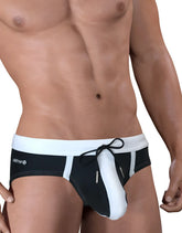 Moby big boy pouch swim black and white swim trunks with a bold vertical stripe design and drawstring waistband