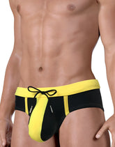 Moby Big Boy Pouch swim trunks with black and yellow color-block design and bright yellow waistband and side panels