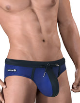 Blue and black athletic briefs with a drawstring waistband featuring wildman logo for swim by moby big boy pouch