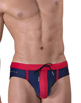 Moby big boy pouch swim navy blue and red swim trunks with drawstring waistband for comfortable beachwear