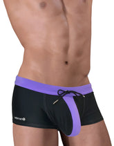 Black and purple moby big boy pouch swim square cut trunks with drawstring waistband and wildman logo on the side