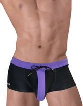 Moby Big Boy Pouch swim square cut black and purple swim trunks with drawstring waistband for comfortable fit