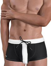 Black and white moby big boy pouch swim square cut trunks with bold vertical stripe and drawstring waistband
