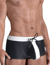 Moby Big Boy Pouch swim square cut black and white swim trunks with bold diagonal stripe and drawstring waistband