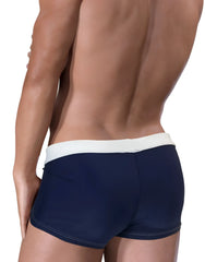 Navy blue moby big boy pouch swim square cut trunks with white waistband and contrasting stitching for swimwear