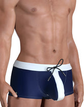 Navy blue and white moby big boy pouch swim square cut trunks with drawstring waistband designed for swimming