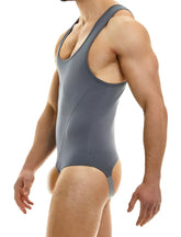Gray modus vivendi glory hole onesie bodysuit size s with racerback design and seamless seams shown from back side
