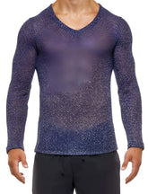Modus Vivendi Knight v neck long sleeved t shirt in navy blue with textured mesh knit and subtle shimmering threads size s