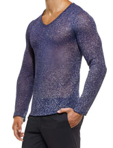 Modus Vivendi Knight v neck long sleeved t shirt blue shimmering textured knit pattern size s
