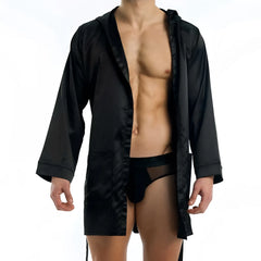 Black satin short robe by modus vivendi with hood and front pockets in size l loungewear garment