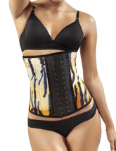 Moldeate 8032 yellow tiger-print workout waist cincher corset with black lacing and adjustable straps