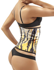 Moldeate 8032 workout waist cincher in vibrant yellow and black tiger-striped corset belt with form-fitting design