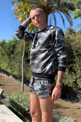 Gray camouflage patterned sweatshirt with black ribbed cuffs and waistband from mr riegillio size m