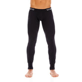 Black uniqlo compression tights with snug fit and white logo trim at waistband from mundo unico cold mountain line
