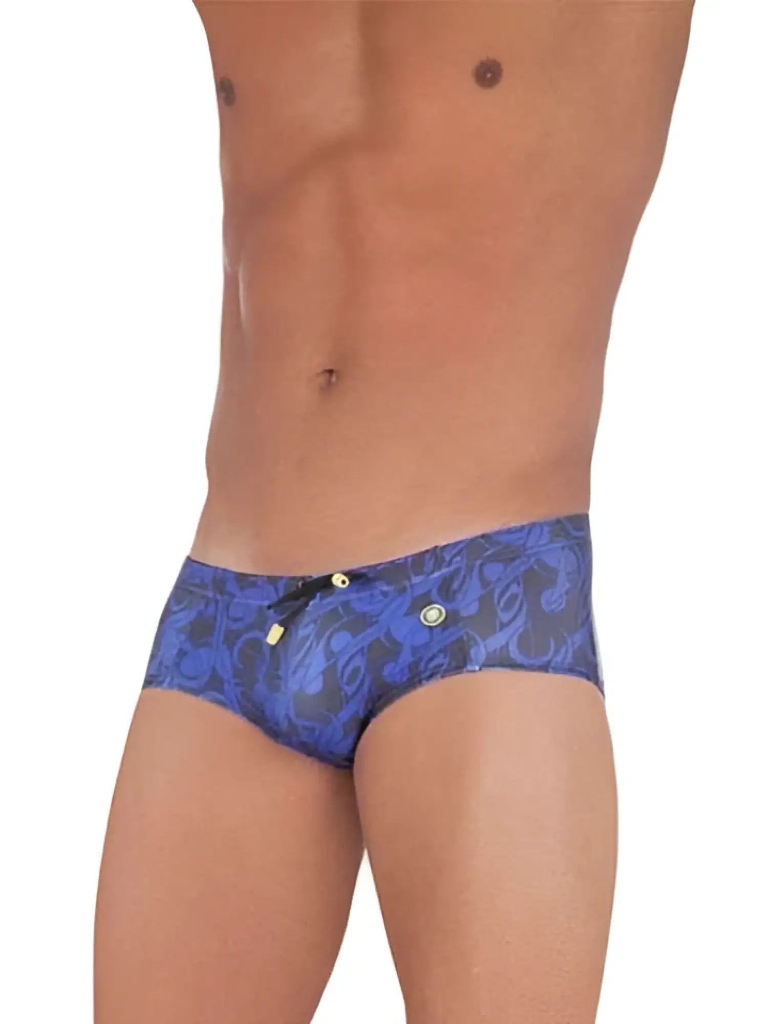 Blue patterned mundo unico musica nota bikini swim trunks with black floral design and gold-tone button accents size m