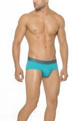 Turquoise mundo unico quimbara briefs with gray waistband and white brand lettering size m underwear
