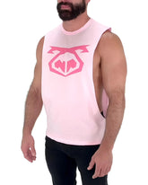 Pink sleeveless muscle tank top with bold pink geometric nasty pig logo on chest size large