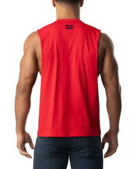 Red sleeveless muscle tank top nasty shredder tank top with small black logo at the neckline in lightweight fabric