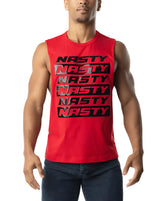 Red sleeveless muscle tank top with bold black nasty text in stacked rows across the chest for shredding workouts
