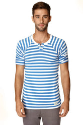 Blue and white striped short-sleeved henley tee with buttoned placket nautical raglan resort style