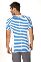 Back view of nautical raglan resort henley tee blue and white striped short-sleeved athletic t-shirt with central zipper