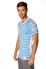 Blue and white striped short-sleeved henley tee with buttoned placket ideal for nautical and resort wear