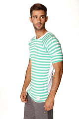 A men’s short-sleeved henley shirt with mint green and white stripes and a solid white side panel