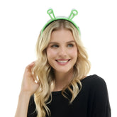 A bright green neon alien headband made of plastic with two antennae for fun costume or party wear