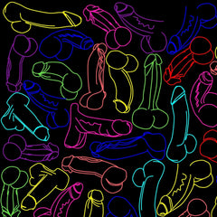 Neon cocks tank top featuring neon-colored outlined male genitalia patterns on black background for casual wear