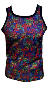 Neon cocks tank top vibrant multicolored mesh with bold neon bone pattern on dark background