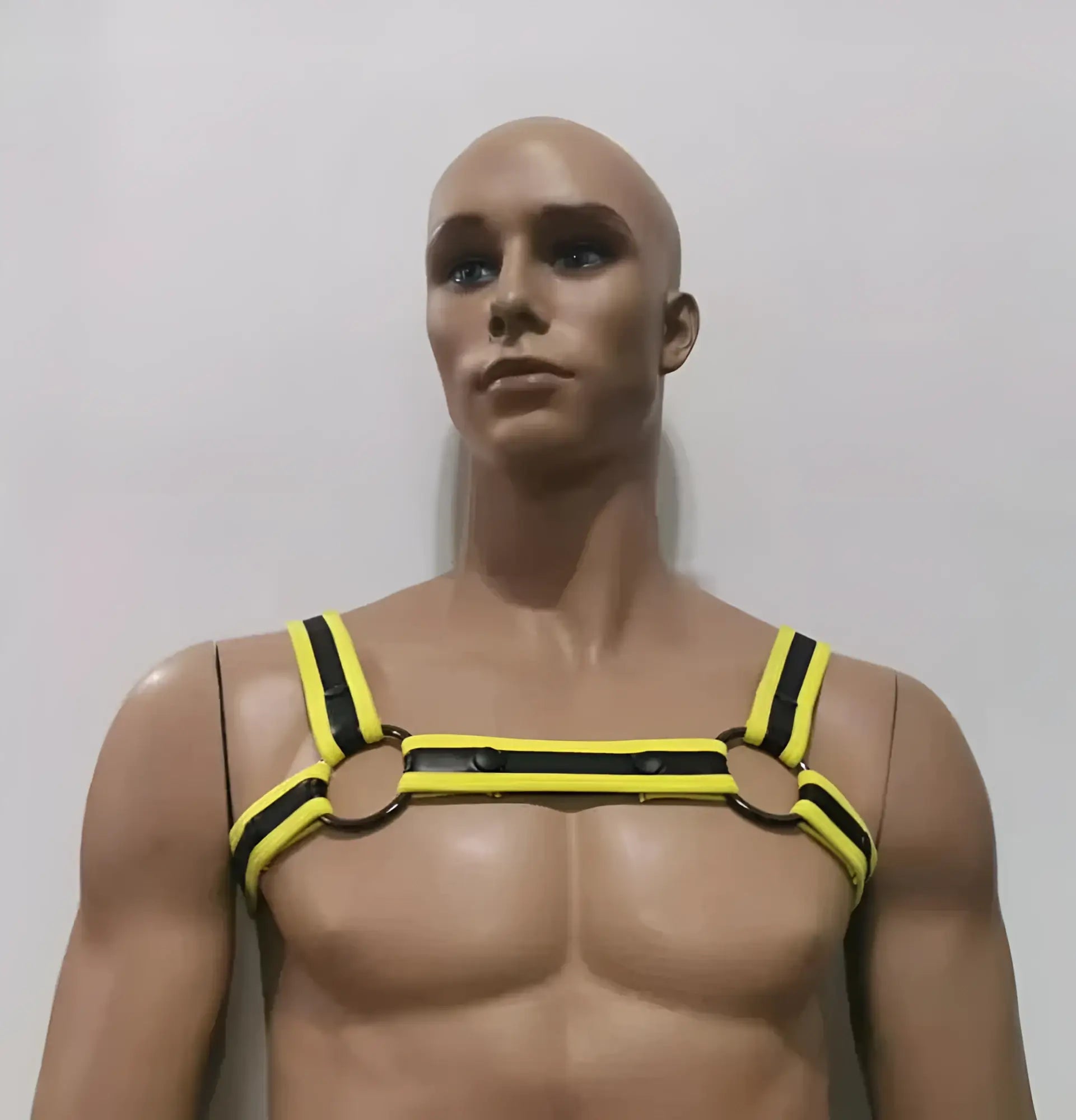 Neoprene bulldog harness in yellow and black striped leather with metal rings for secure dog walking