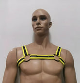 Neoprene bulldog harness in yellow and black striped leather with metal rings for secure dog walking