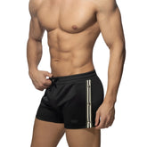 Nexus button shorts black athletic shorts with white and gray vertical stripes and a drawstring waistband