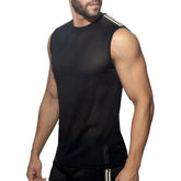 Nexus mesh tank top black sleeveless athletic top with white three stripes on shoulder in breathable mesh material