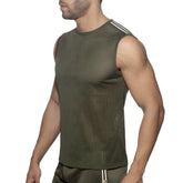 Nexus mesh tank top olive green sleeveless athletic top with three white stripes along the shoulder