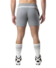Nexus rugby short gray heathered sweatshorts with white elastic waistband and side pockets