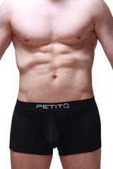 Black petitq boxer hang boxer briefs with smooth form fitting design and white logo on waistband