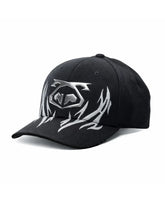 Black baseball cap barbed wire snout cap with silver metallic logo and flame embroidery on the front