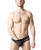 Black sheer mesh blur bikini brief with solid black waistband showing front side design
