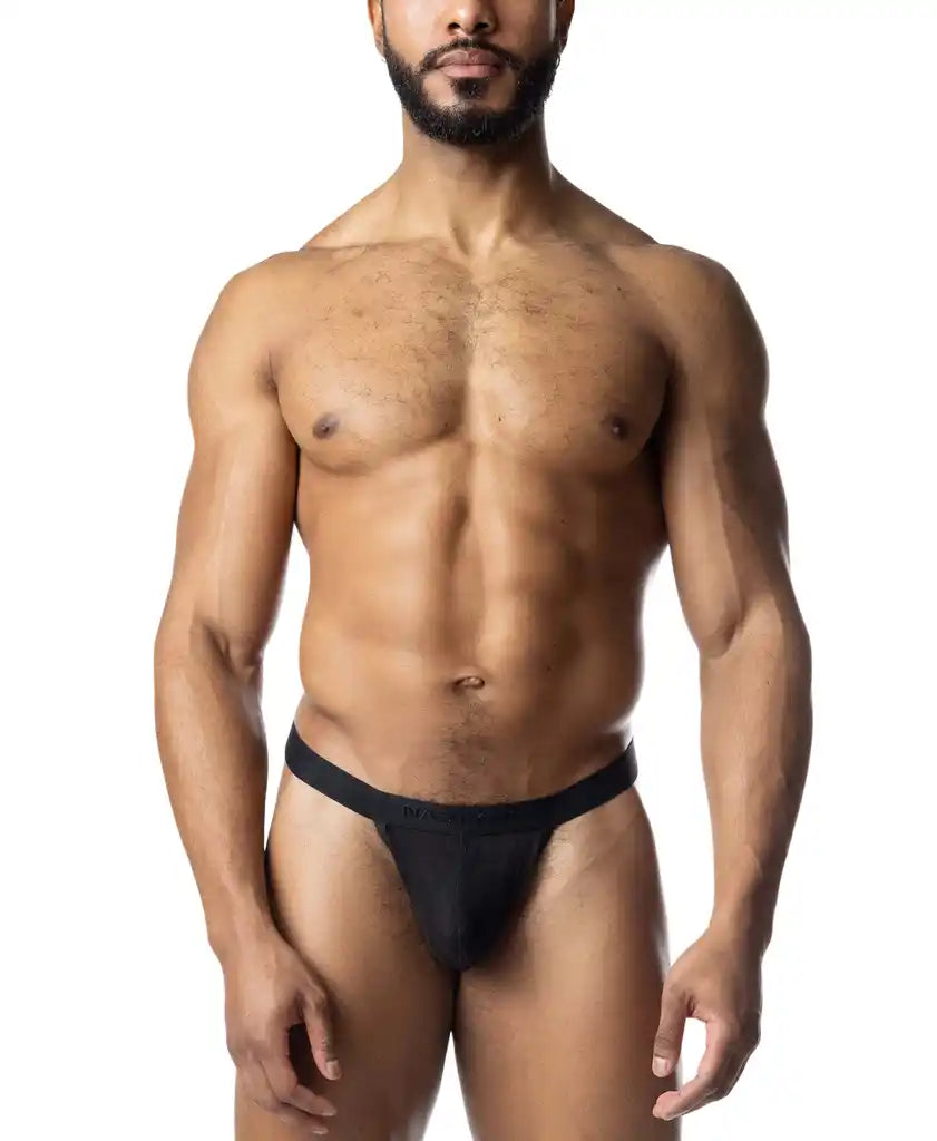 Black blur jockstrap briefs with smooth stretchy fabric and narrow waistband shown from the back side