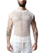 Bearded man wearing a white mesh sleeveless shirt with bright orange drawstrings visible at the waist.