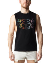 Man wearing a black Nasty Pig Pride Shredder tank top with a multicolored rainbow pig logo on the chest.