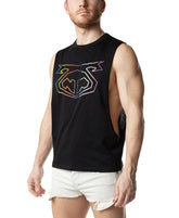 Man wearing a black Nasty Pig Pride Shredder tank top with a rainbow pig logo and white cut-off shorts.